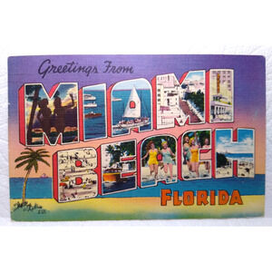Greetings From Miami Beach Florida Large Letter Linen Postcard 1950 Palms Boats